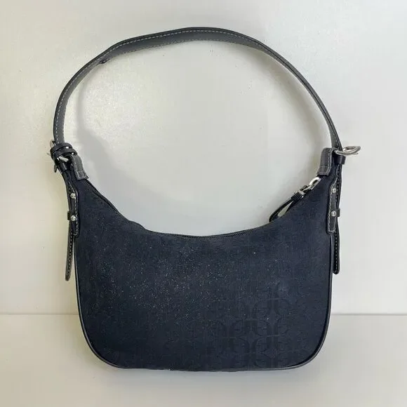 Fossil Y2K Mini Hobo Black Jacquard Leather Trim Logo Vintage Crescent Baguette - Picture 6 of 15